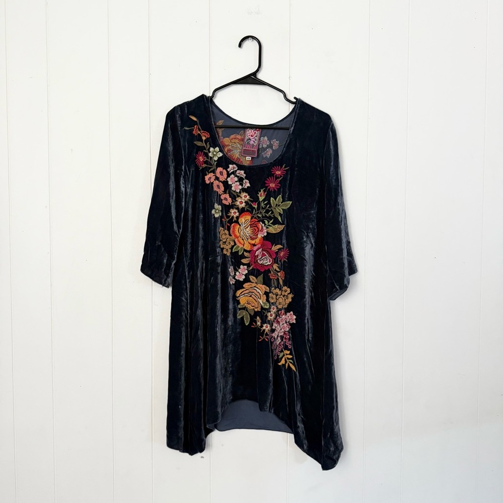JWLA Johnny Was Dark Blue Velvet Dress with Floral Embroidery